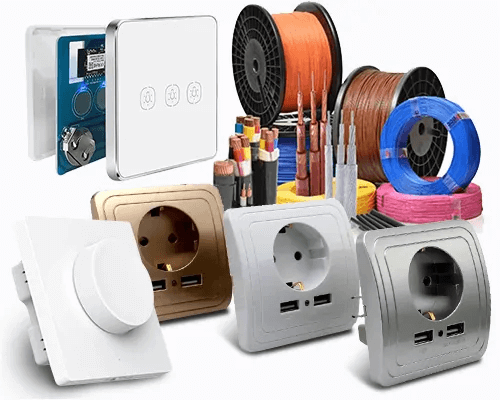 Электротехнические изделия и кабели: розетки разных цветов, провода, кабели.